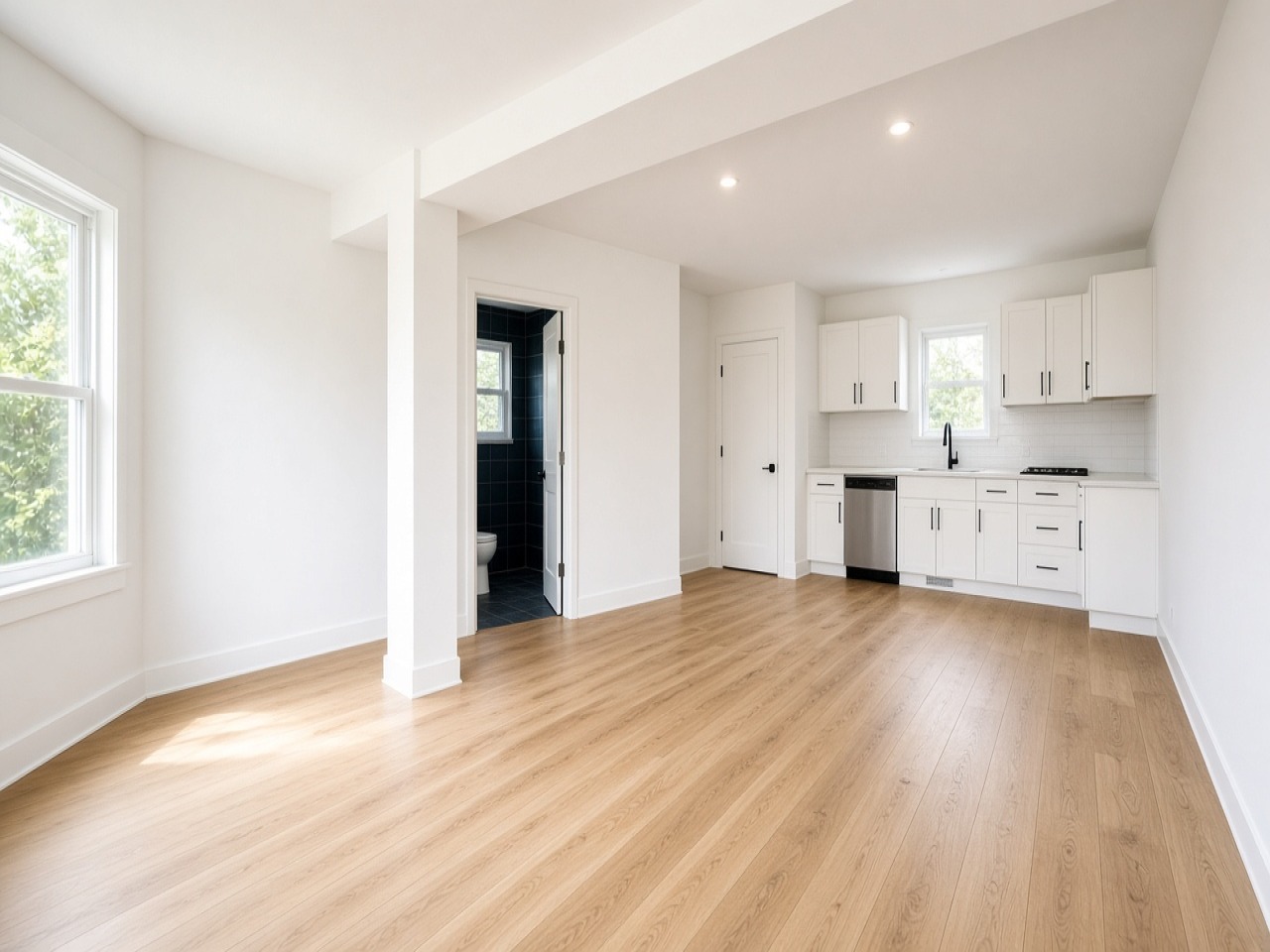 Empty open-plan living room with kitchen, from the StagingBench test set